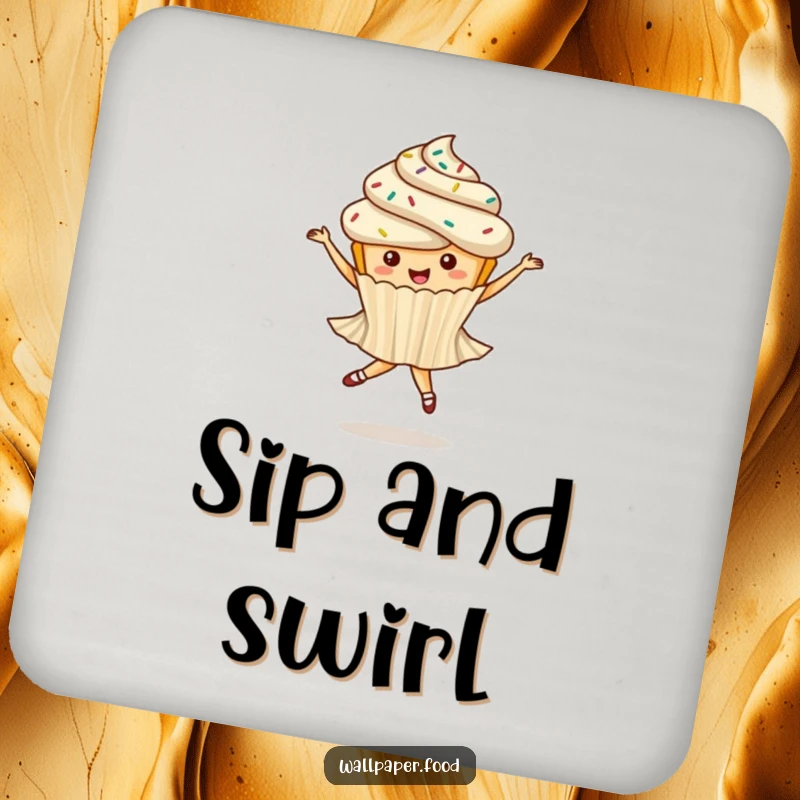 Funny coasters featuring a whimsical cupcake with sprinkles doing a ballet twirl, protecting surfaces with sweet elegance.