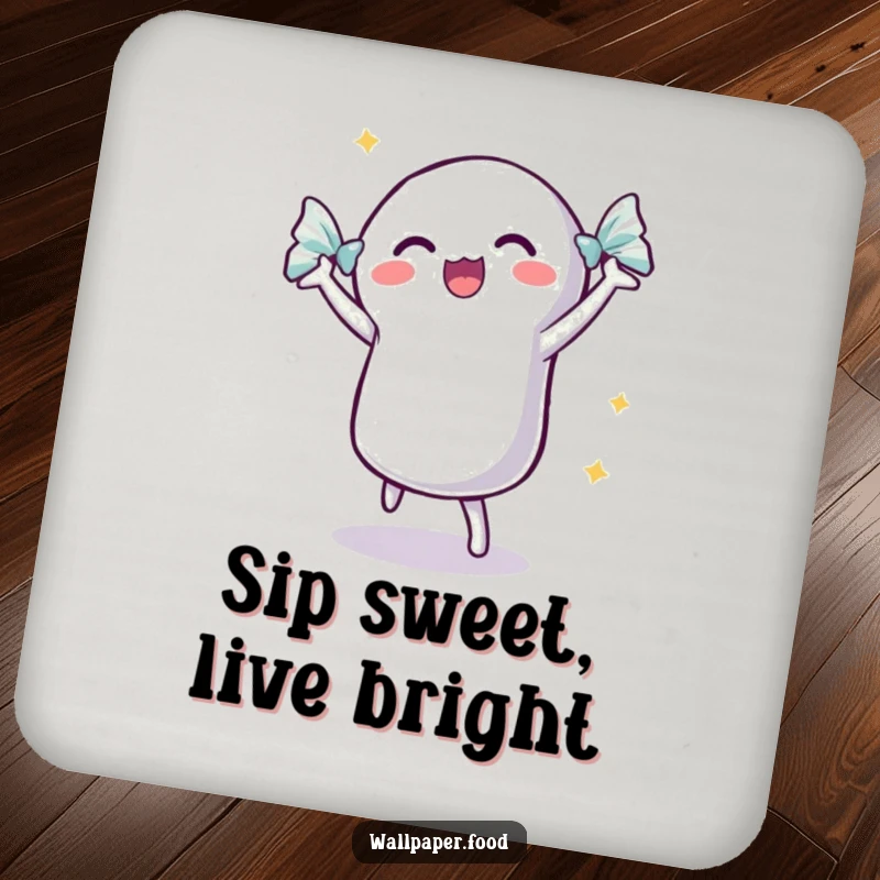 Funny dancing candy coaster with a shimmering wrapper, featuring an excited candy ready to party.