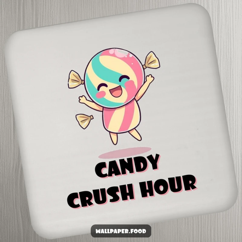 Funny drink coasters showcasing a dancing candy character inside its wrapper, shimmering with excitement, adding sweet humor and protection.