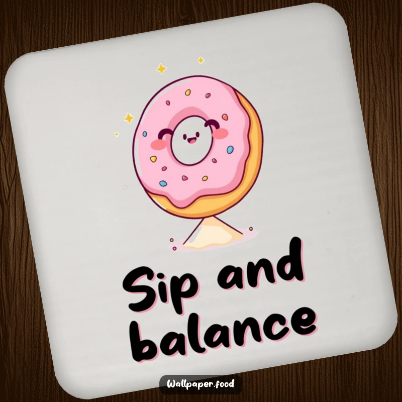 Funny drink coaster with a happy, sparkling donut character maintaining a delicate balance on a sprinkle, adding whimsy.