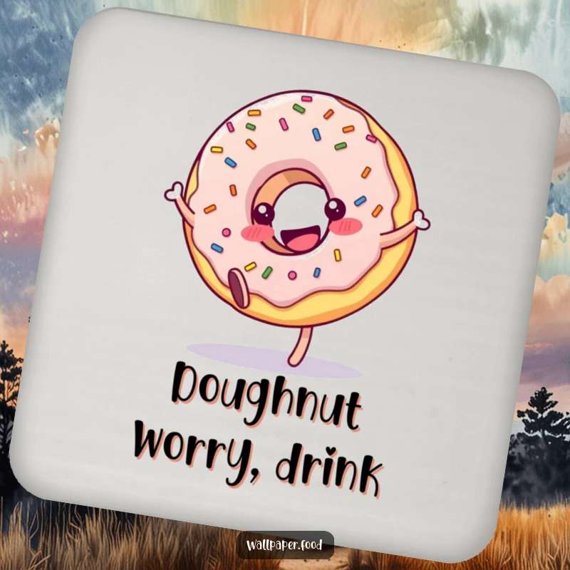 Funny donut coasters with sprinkles doing a delightful cartwheel. Protects surfaces with sweet, humorous style.
