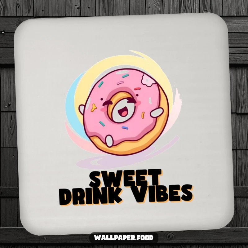 Funny donut coaster featuring a happy donut character rolling joyfully through a colorful swirl, protecting your furniture.