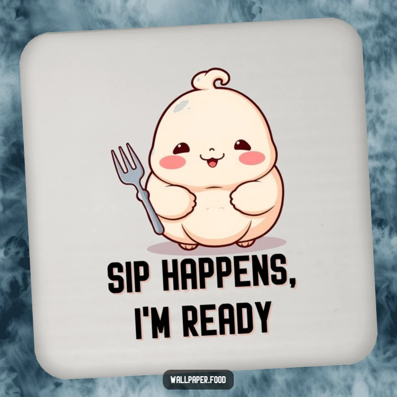 Funny dumpling coaster with a proud dumpling holding a tiny fork, protecting surfaces with a smile.