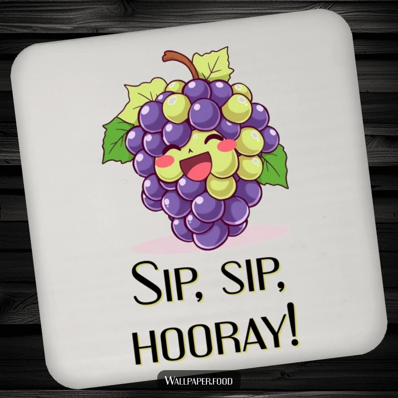 Funny Giggling Grapes Drink Coasters featuring a bunch of grapes in stitches, protecting surfaces with humorous style and joy.