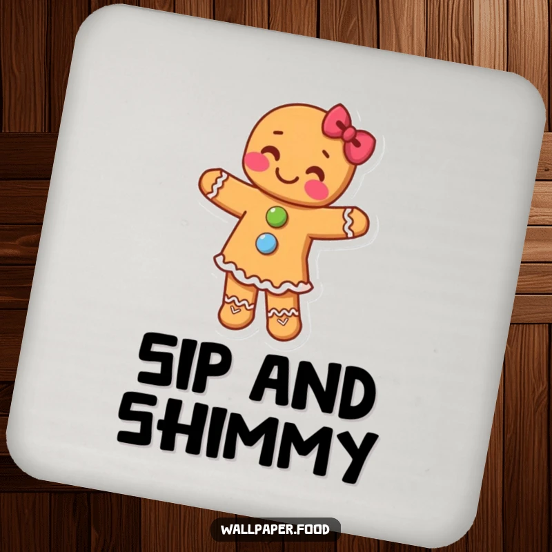 Funny drink coaster featuring a gingerbread person with candy buttons dancing joyfully, protecting surfaces with holiday spirit.