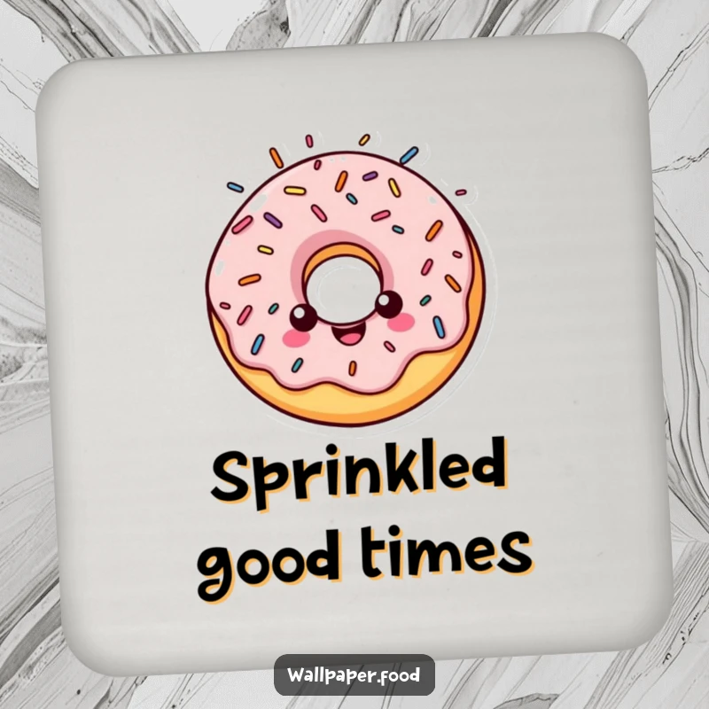Funny drink coaster with a cheerful donut character with a halo made of colorful sprinkles, looking divine.