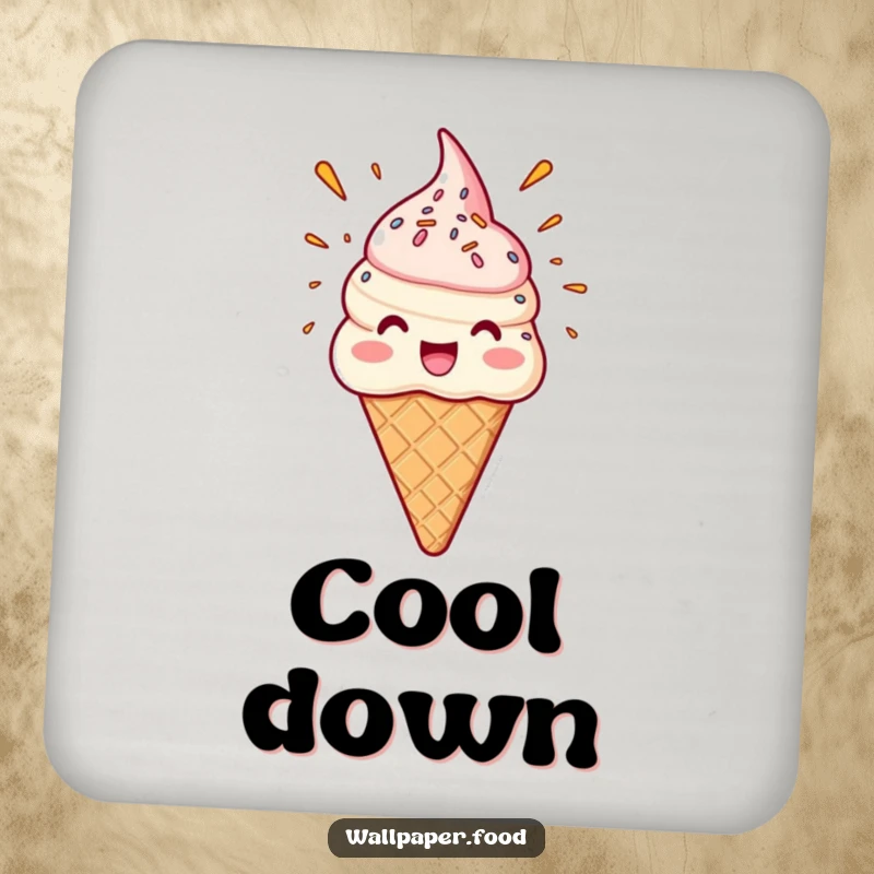 Funny drink coaster with a delighted ice cream cone character with a sprinkle eruption, adding a touch of sweet decor.