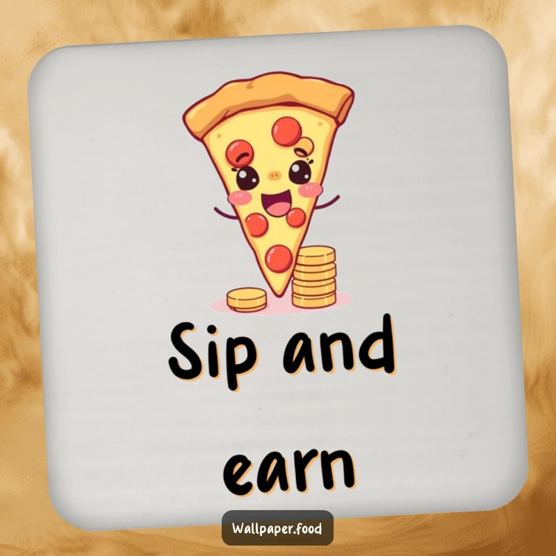 Funny drink coaster with a joyful pizza slice winking while balancing coins, perfect for humorous surface protection.