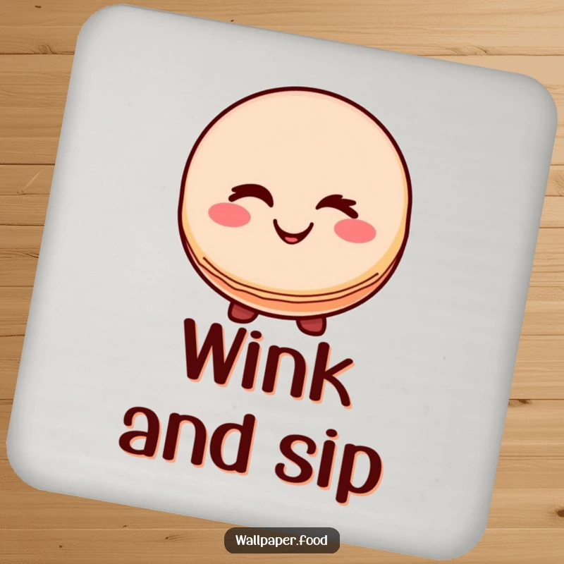 Funny drink coasters featuring a smiling macaron character giving a wink, providing protection and sweet humor for your beverages.