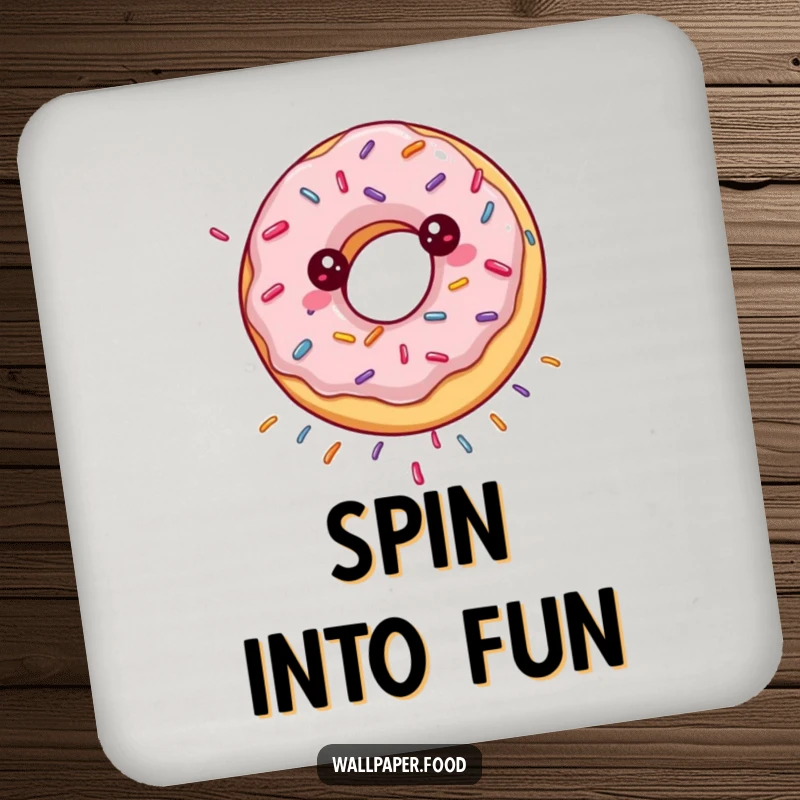 Funny coaster featuring a happily spinning donut showering sprinkles, adding a sweet and playful vibe.