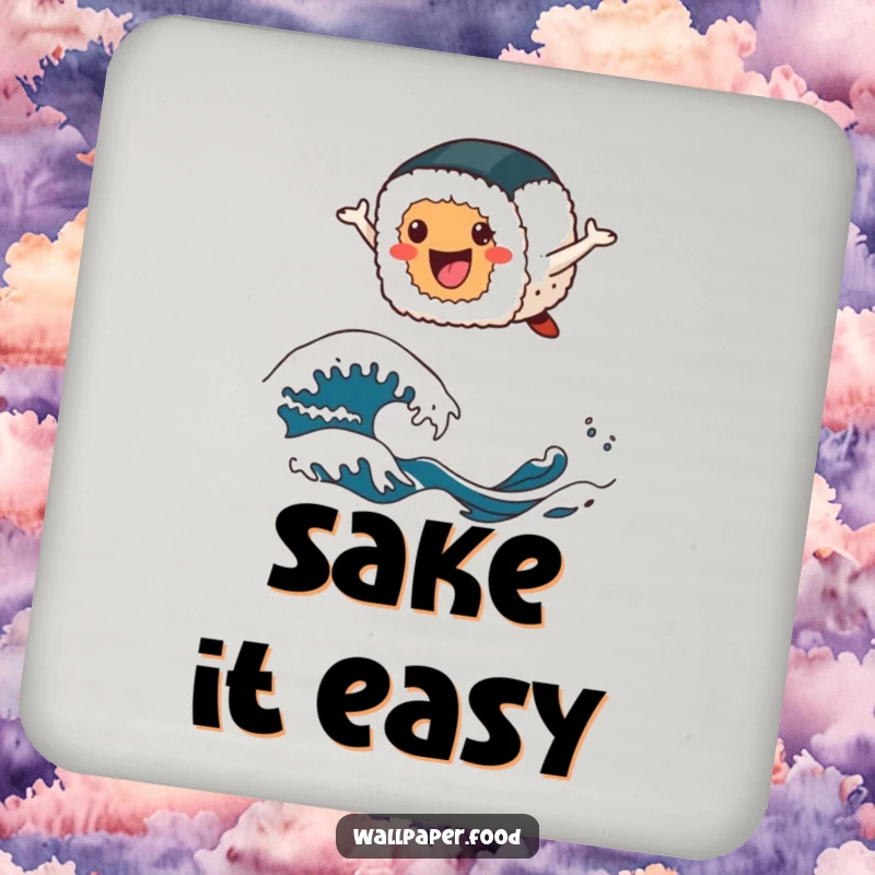Funny sushi coaster featuring a cheerful sushi roll character leaping over stylized wave patterns, safeguarding your furniture.
