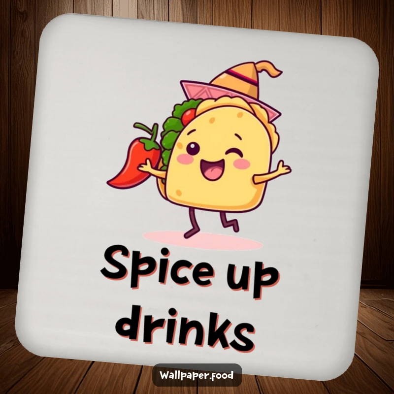 Funny coasters featuring a happy taco in a hat dancing with a chili pepper, protecting surfaces with festive flair.