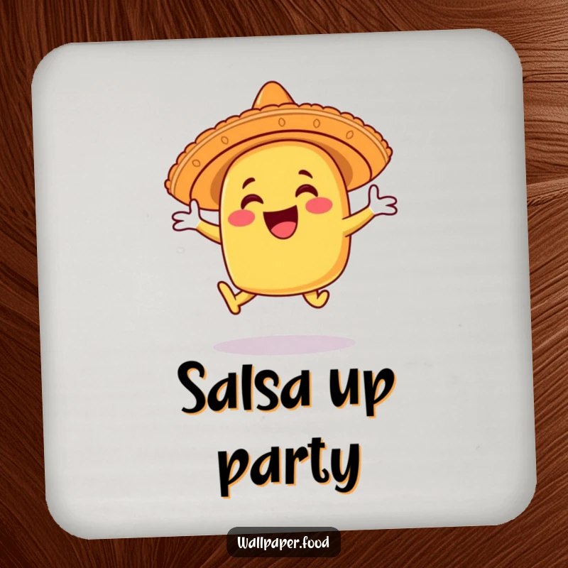 Funny taco coasters with a character wearing a sombrero, leaping joyfully. Protects surfaces with vibrant fiesta style.