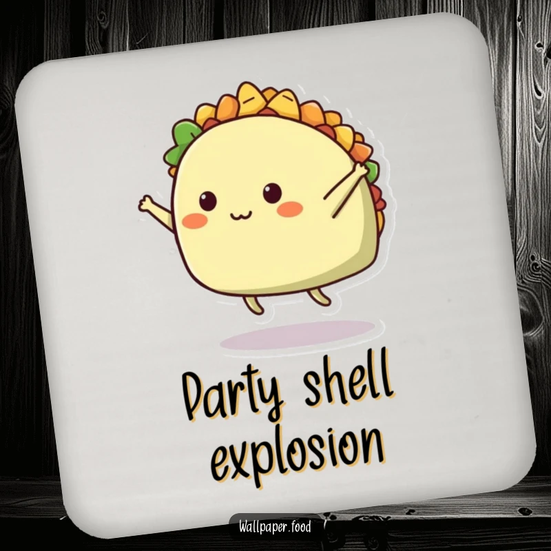 Funny drink coaster featuring a cheerful taco character performing a mid-air split, adding a humorous element to any surface.