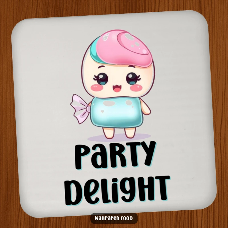 Funny drink coaster with a sweet candy character and shimmering wrapper, adding a touch of sweet decor.