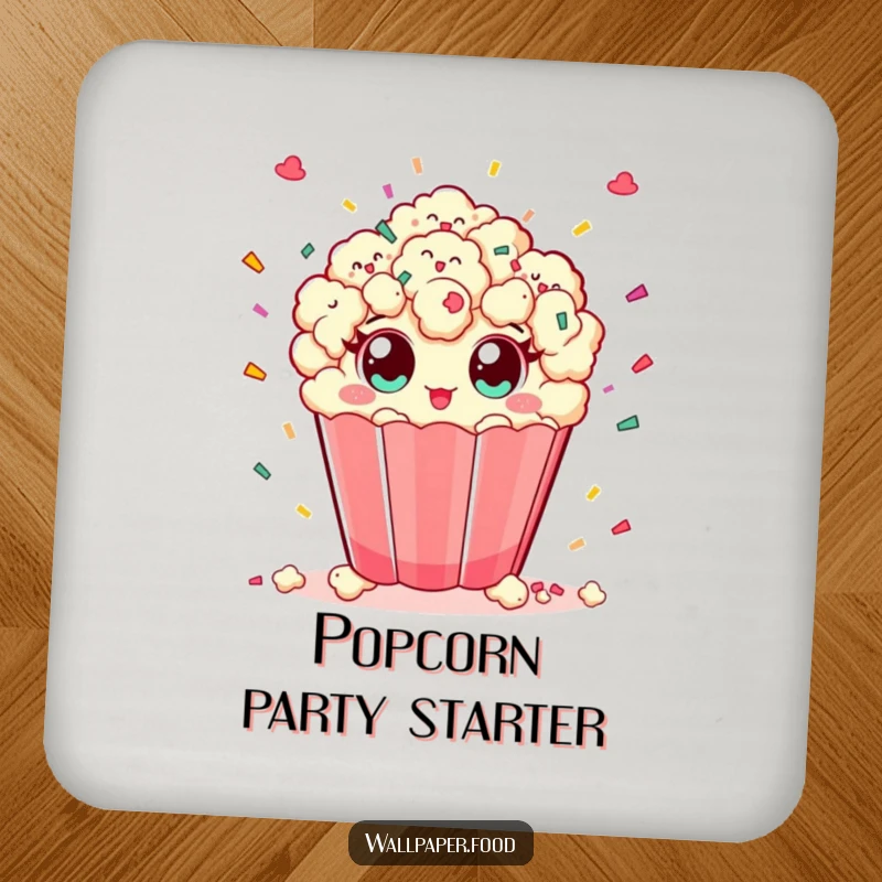 Funny drink coaster depicting a playful popcorn character with wide eyes tossing confetti, adding a celebratory element.