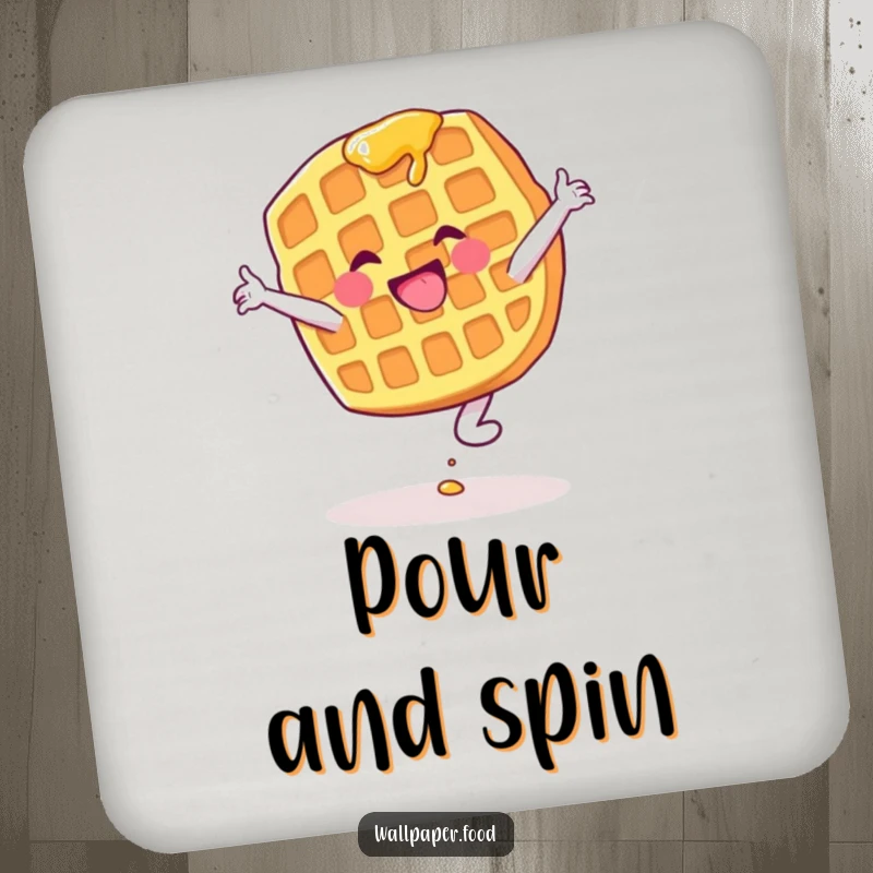 Funny drink coaster featuring a waffle character with syrup dripping as it does a cartwheel, protecting surfaces humorously.