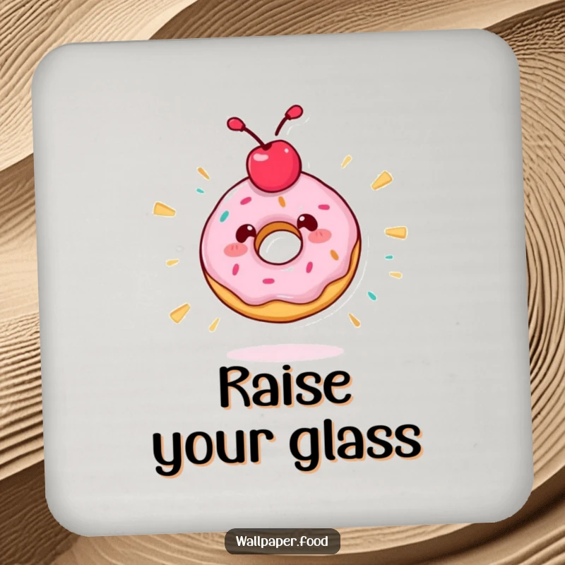 Funny drink coaster featuring a donut character with a cherry topping spinning wildly, adding a humorous and protective touch.