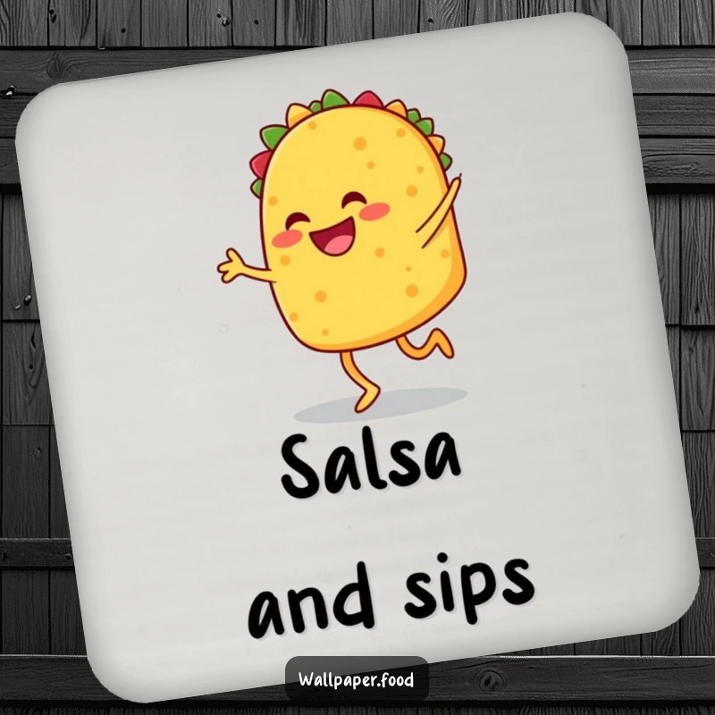 Funny coaster with a smiling taco with legs doing a joyful jig, adding festive flair and protecting surfaces. A funny gift.