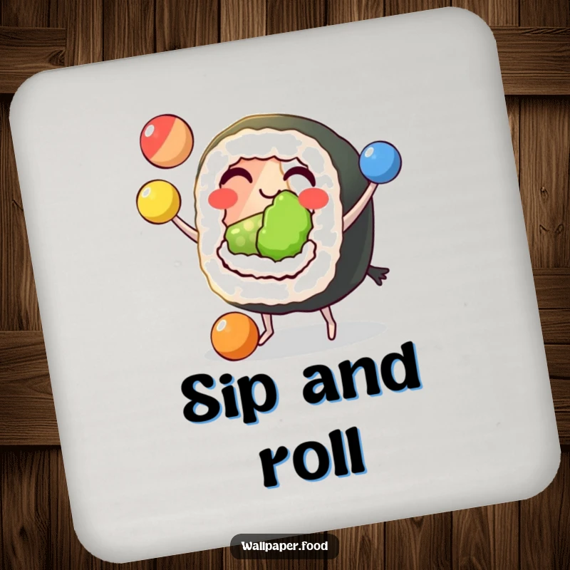 Funny Sushi Juggling Coaster set depicting a grinning sushi roll with tiny feet, expertly juggling three colorful balls, ideal for humorous table protection.