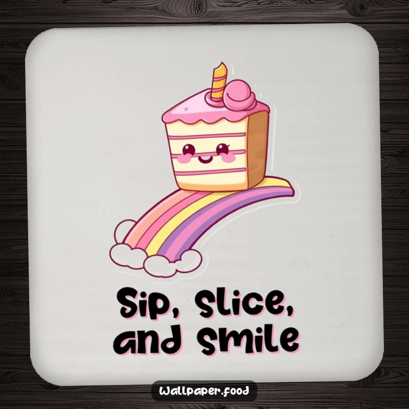 Set of funny grinning cake coasters sliding down a rainbow, protecting surfaces with sweet, magical humor. Ideal funny gift.