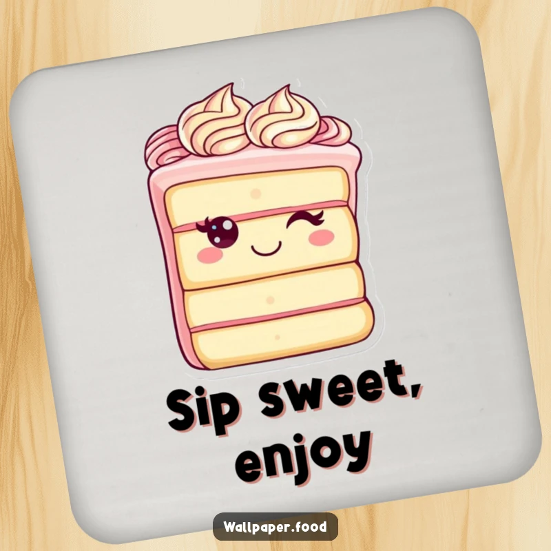 Funny drink coasters featuring a cheerful cake slice character with elegant frosting swirls, protecting tables with a sweet and happy design.