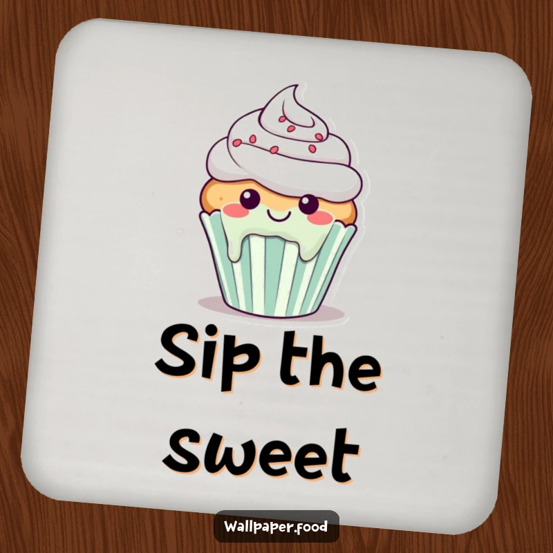 Funny drink coaster with a smiling cupcake character with frosting happily dripping down its sides, looking sweet.