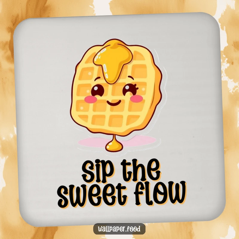 Funny drink coaster featuring a smiling waffle character with syrup cascading down, adding a delicious vibe to any table.