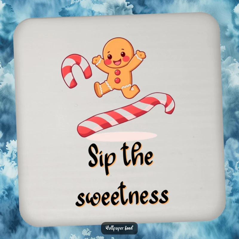 Funny joyful gingerbread man leaping over candy cane stripes on a drink coaster, adding festive charm.