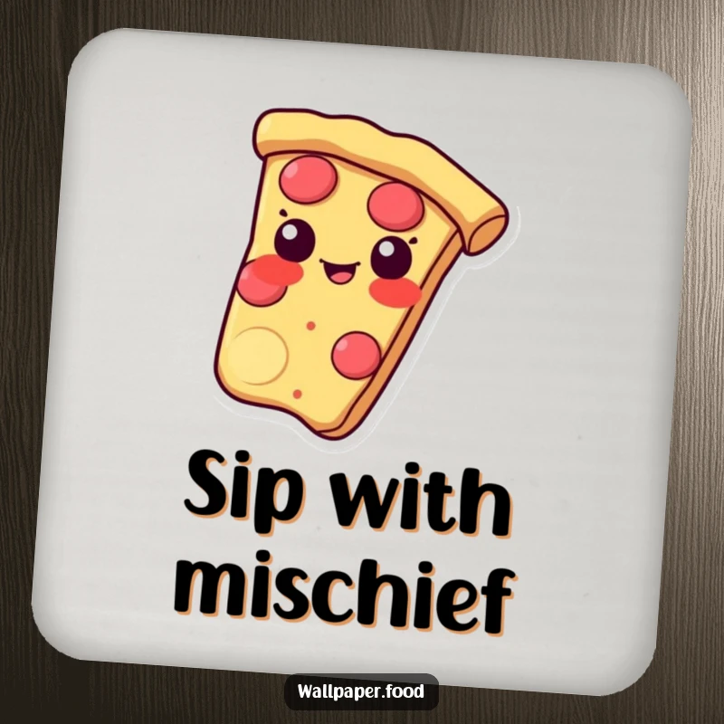 Funny coaster featuring a pizza slice sliding with a mischievous grin on its crust, adding playful vibes.