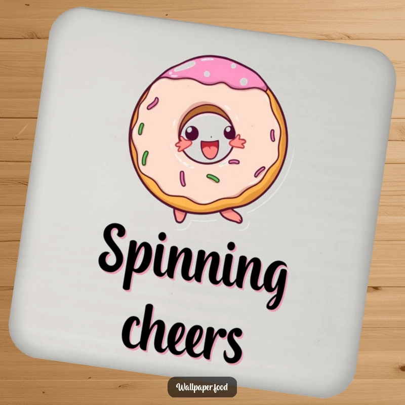 Funny drink coaster with a doughnut character in a joyful spin, adding a touch of sweet decor.