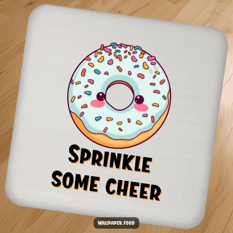 Funny drink coaster featuring a cheerful doughnut character covered in colorful sprinkles, adding a fun vibe to any table.