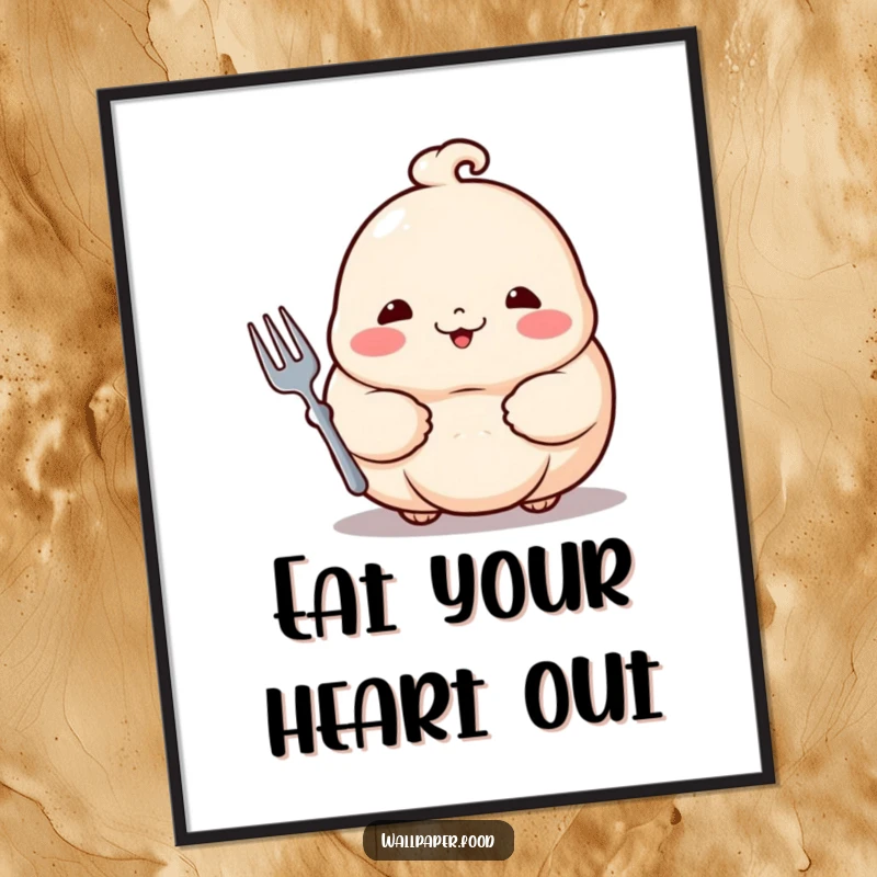Funny dumpling poster art of a proud dumpling with rosy cheeks holding a small fork, adding humor to any room.