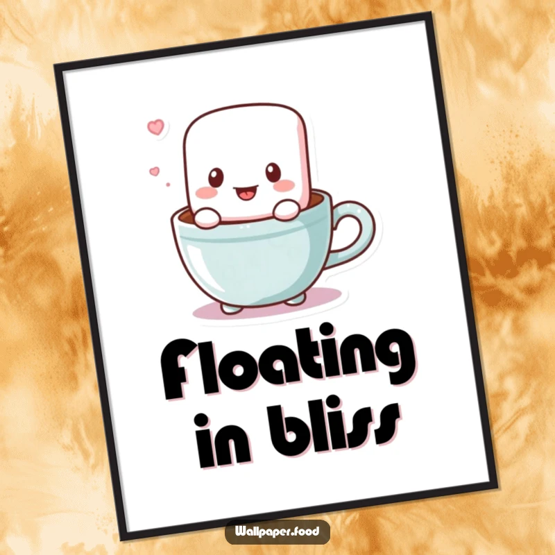 Funny poster art of a happy marshmallow character bouncing in a cocoa cup, designed to bring smiles and a sweet, cozy feel.