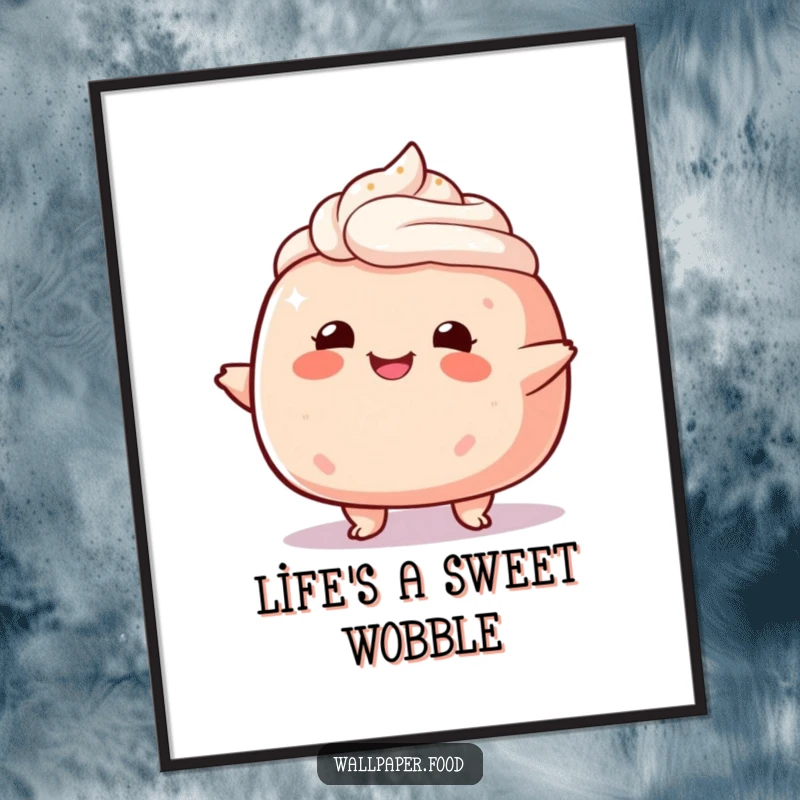 Funny plump cake character poster, captured in a charming, happy wobble, radiating pure, sweet delight.