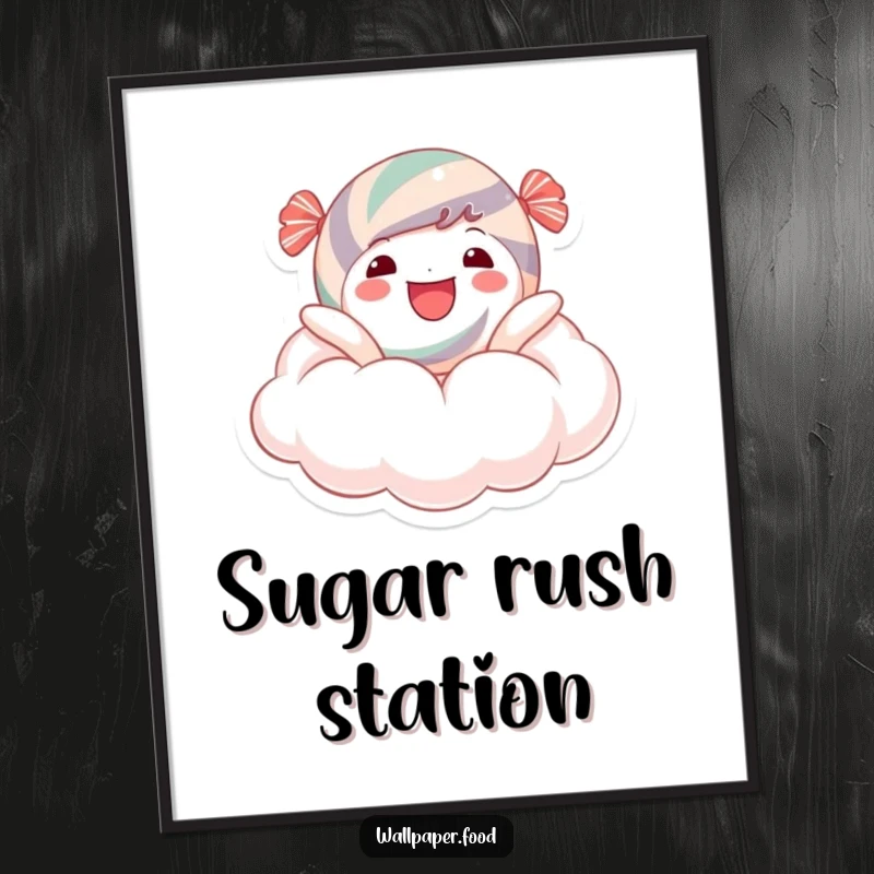 Funny Poster: A happy candy character joyfully floating on a cloud of sugar, embodying pure bliss and whimsical dreams for wall art.