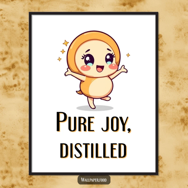 Funny caramel swirl character in a lively dance, radiating happiness with a cascade of sparkles, presented as vibrant wall art for a humorous touch.