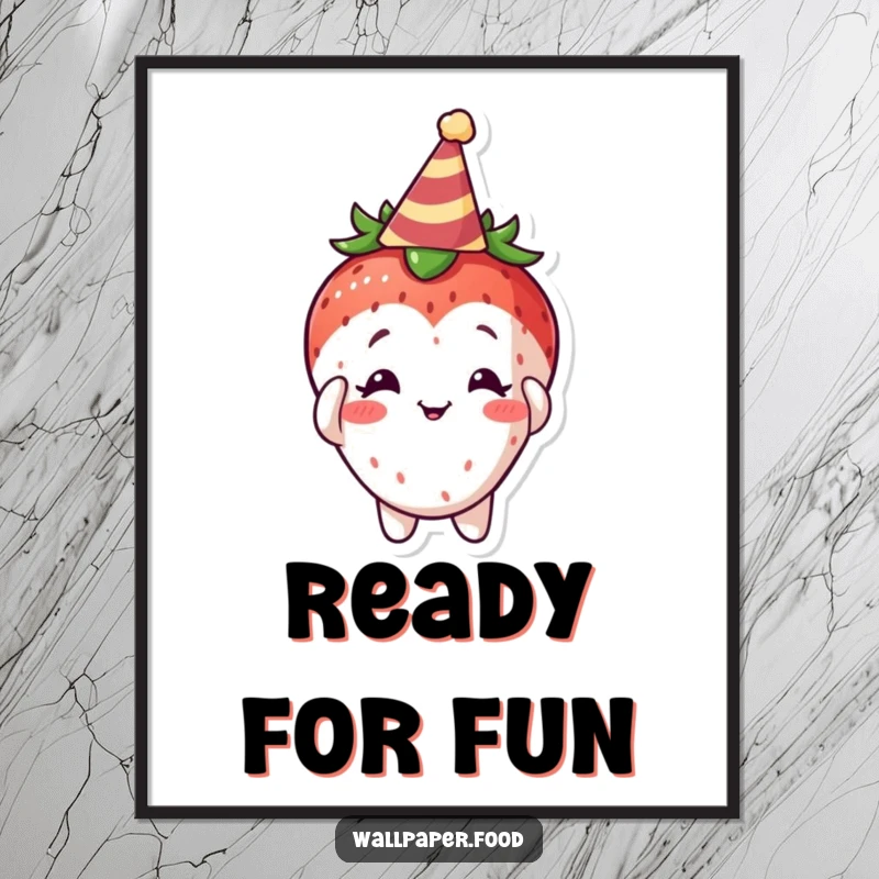 Funny Curious Strawberry Poster, a sweet fruit character with a party hat, radiating innocent curiosity and festive fun.