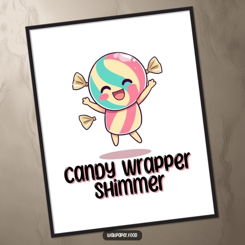 Funny poster art of a dancing candy character inside its wrapper, shimmering with excitement, bringing sweet energy and humor to any wall.