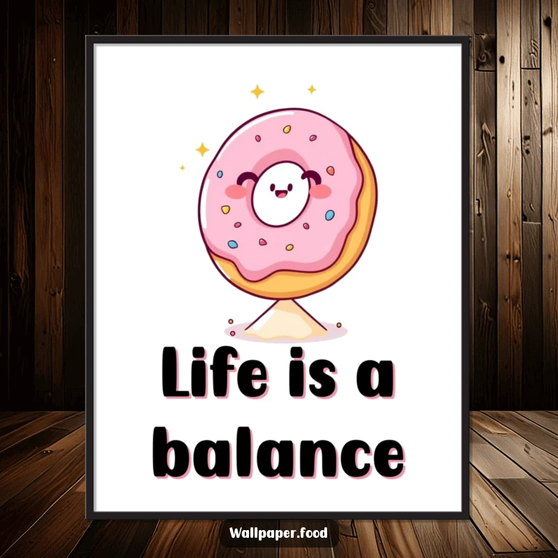 Funny poster showcasing a happy donut character with a sparkling aura, balancing with precision on a single sprinkle.