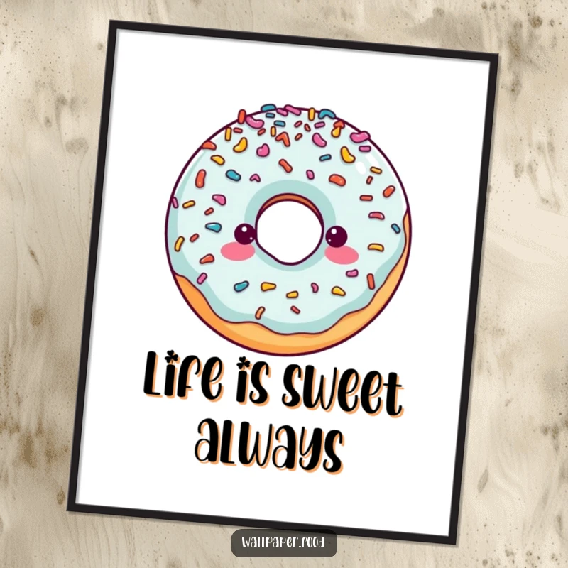 Funny poster print of a cheerful doughnut character with an overwhelming amount of colorful sprinkles, creating a joyful scene.
