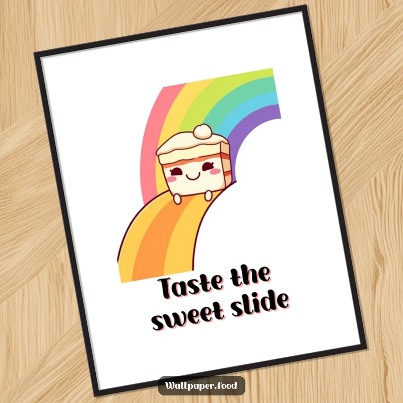 Funny poster art of a grinning cake character sliding down a bright rainbow, adding a cheerful, whimsical, and sweet touch to any wall.