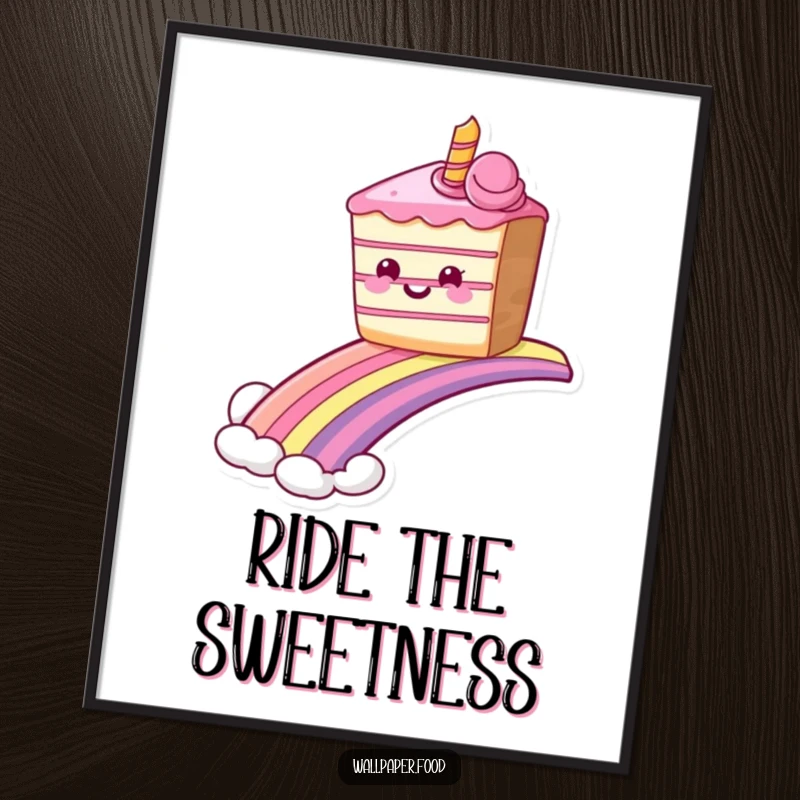 Funny grinning cake poster sliding down a rainbow, adding vibrant color and sweet humor to walls. Excellent funny gift.