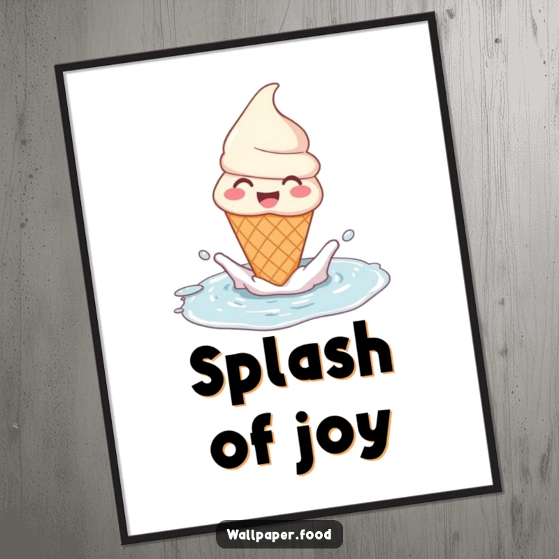 Funny ice cream cone poster capturing a playful splash in a puddle, exuding cheerful energy and sweet delight. Ideal wall art.