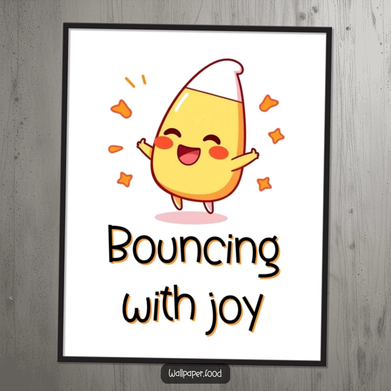 Funny poster depicting a joyful candy corn character laughing heartily while bouncing off colorful, effervescent bubbly patterns.