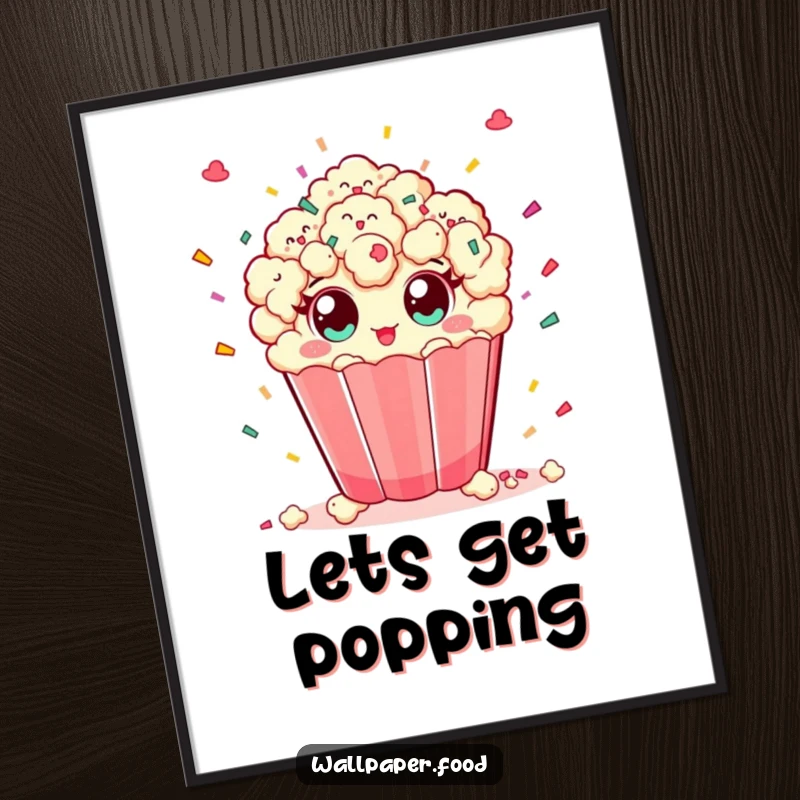 Funny poster art of a playful popcorn character with large eyes, enthusiastically throwing a stream of colorful confetti.