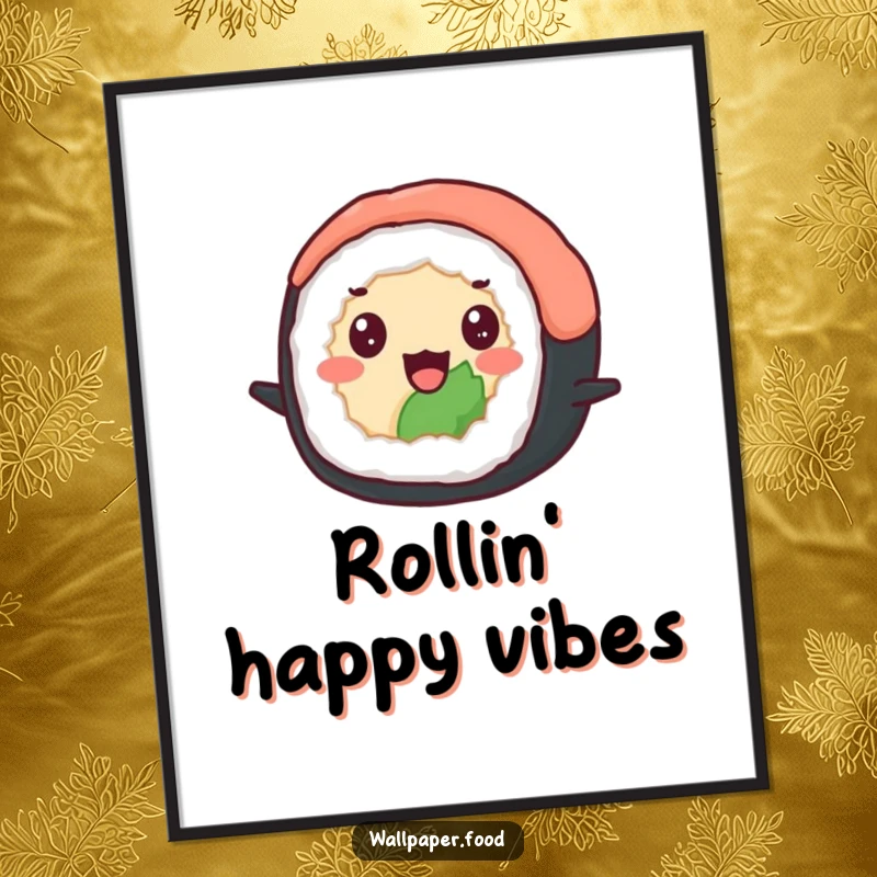 Funny poster of a delighted sushi roll with beady eyes happily bouncing, bringing vibrant Japanese food energy and humor to decor. Funny gift.