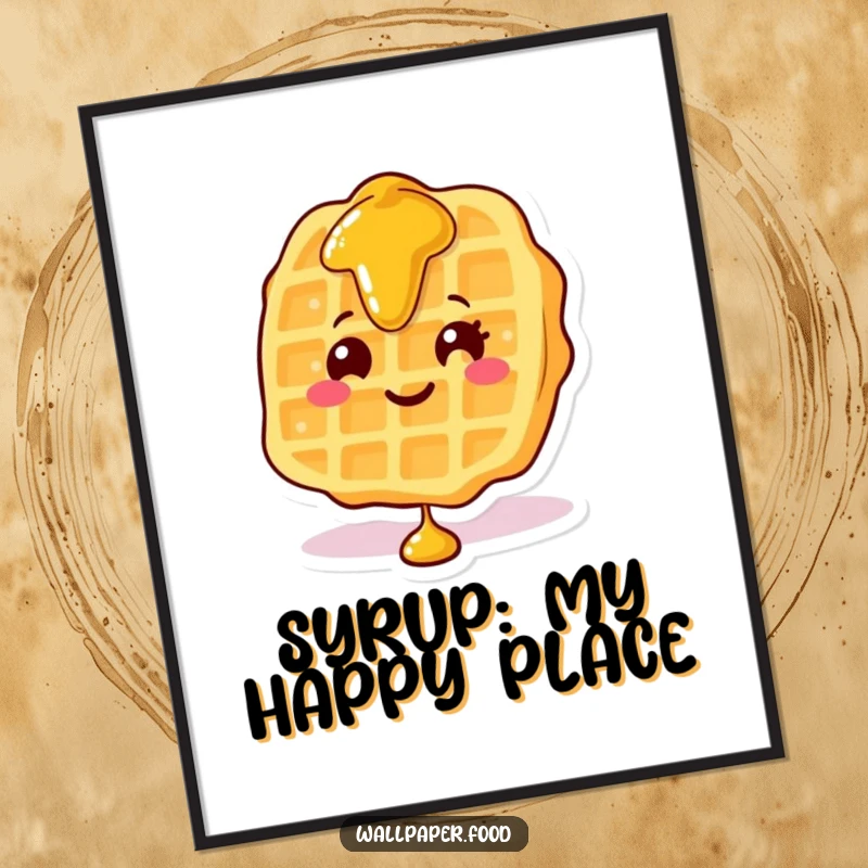 Funny poster print of a smiling waffle character with a generous waterfall of syrup flowing down, creating a delectable scene.