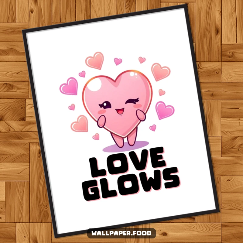 Funny poster displaying a delightful candy heart character winking flirtatiously amidst a backdrop of luminous, colorful candy shapes.