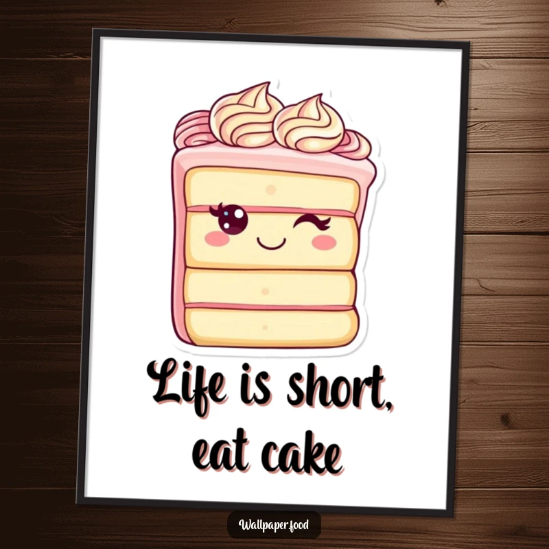 Funny poster displaying a cheerful cake slice character with elegant frosting swirls, exuding happiness and charm, perfect for adding personality to walls.